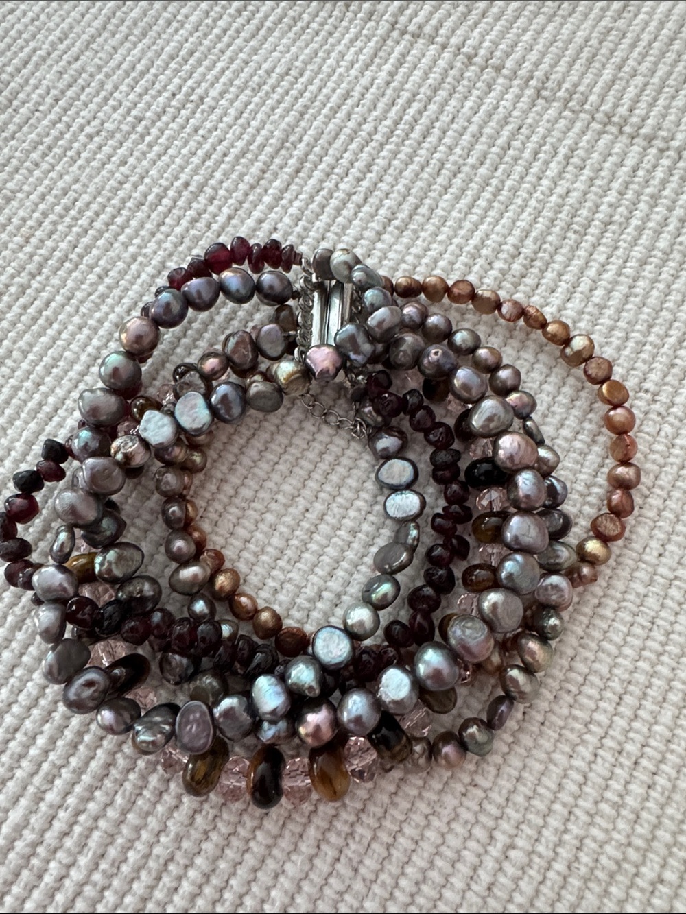 Multi-Strand Bracelet - Iridescent Gray & Brown, Garnet Colors